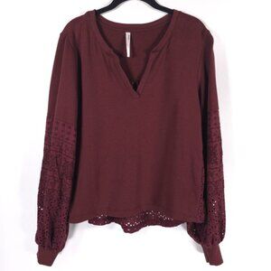 Anthropologie Plum Eyelet Yoke VNeck Pullover Sweatshirt Ballon Sleeve Top SMALL